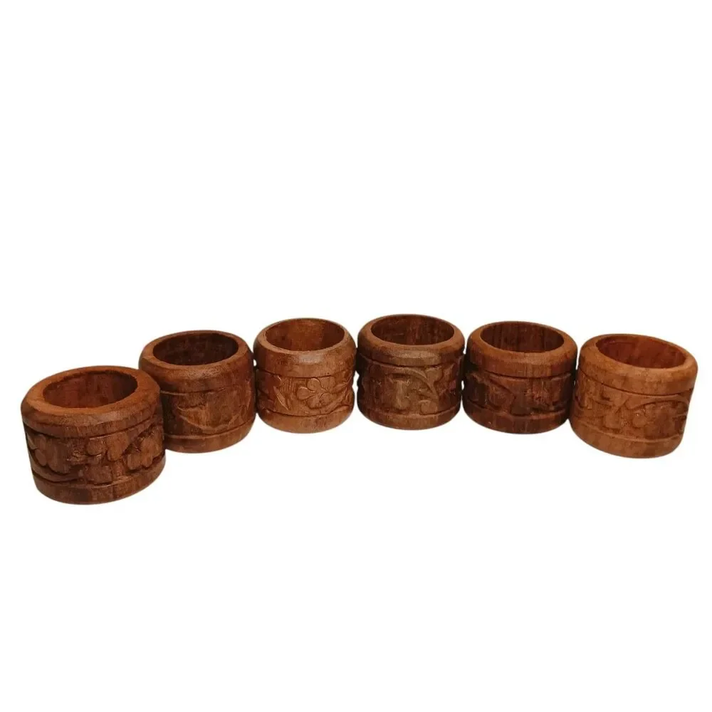 Vintage Wooden Napkin Rings Hand Carved Floral Leaf Design Rustic Boho  Set Of 6